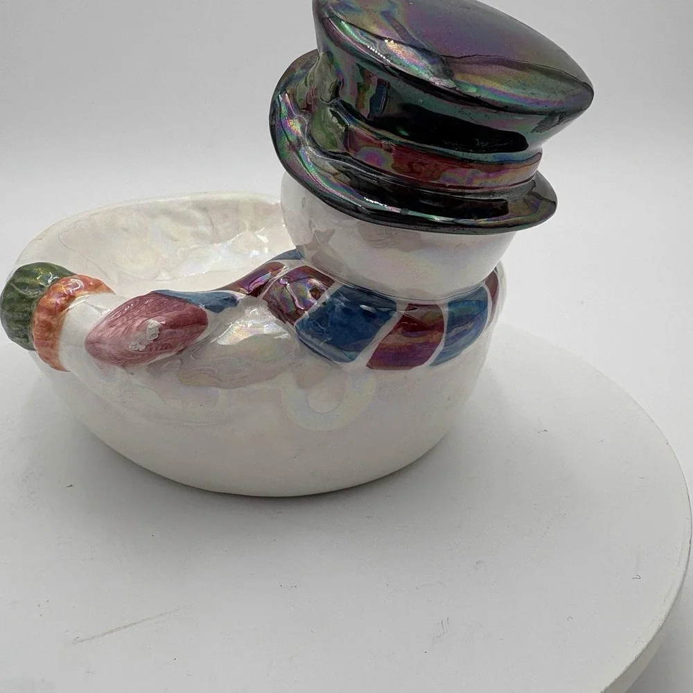 Ceramic Snowman Christmas Festive Candy Bowl Iridescent Glossy‎ Vintage